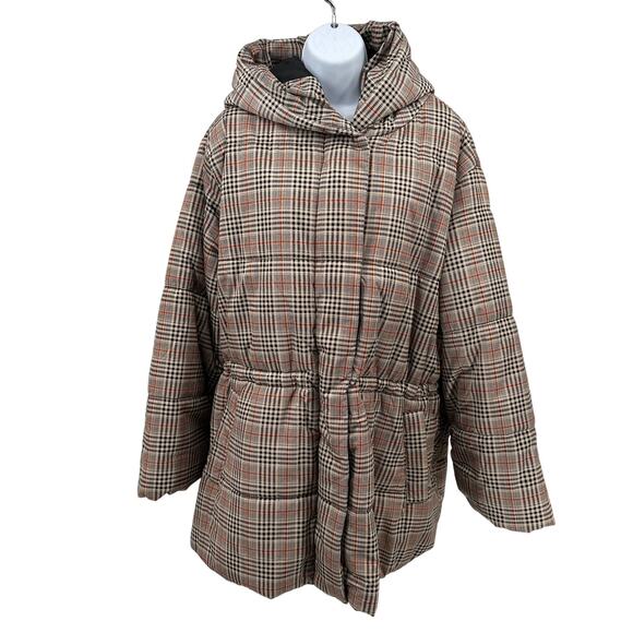 Ava & Viv Mid Length Puffer Jacket SZ 1X Tan Black Orange Hooded Snap Full Zip - Picture 1 of 14